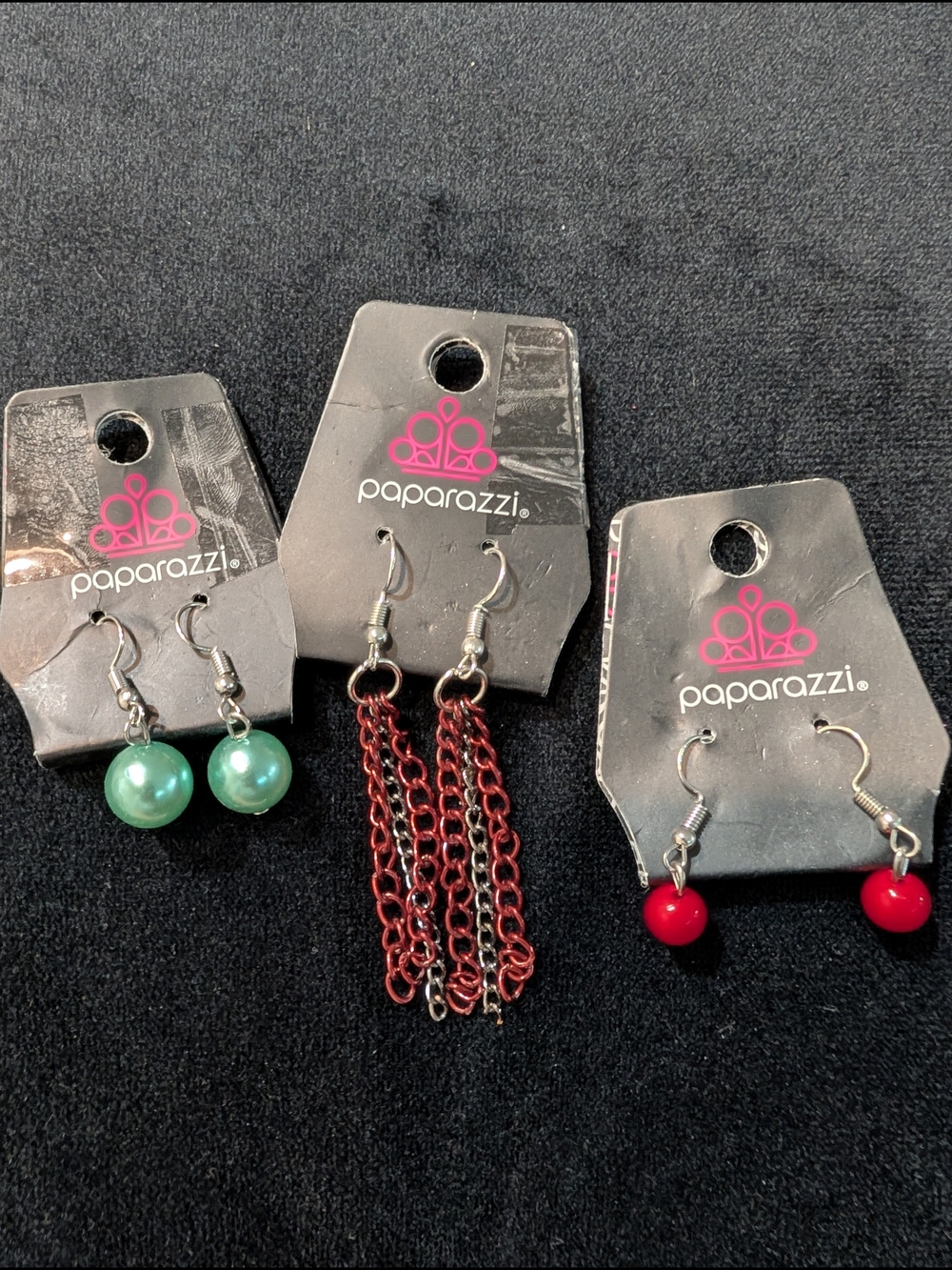 paparazzi Green Pearl Drop, Red Bead Drops and Red Chain Fringe Earrings 3 Sets